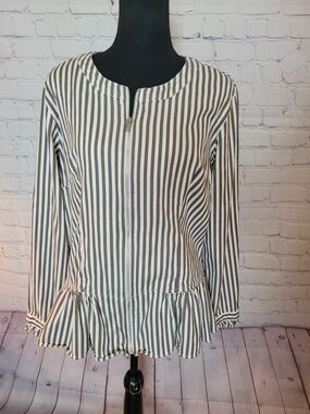 D&C Co Size Medium Army Green and White Striped Zip Front Shirt Peplum